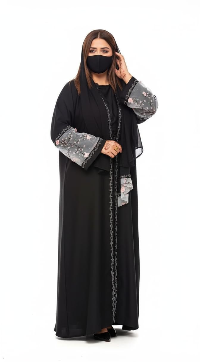 Hijabz by maaz - Premium Gulf Made Black Abaya for Women | Soft Flowing Luxury Fabric with Floral Embroidered Sleeves & Border | Elegant Modest Islamic Wear-picture-19