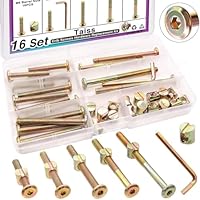 Taiss 16 Stück goldene Möbelschraube mit Zylindermuttern Set M6x40mm/50mm/60mm/70mm/80mm Babybett Schrauben, Bettschraube sechskant Kit,Flachkopfschrauben M6, hülsenschrauben für Babybetten.