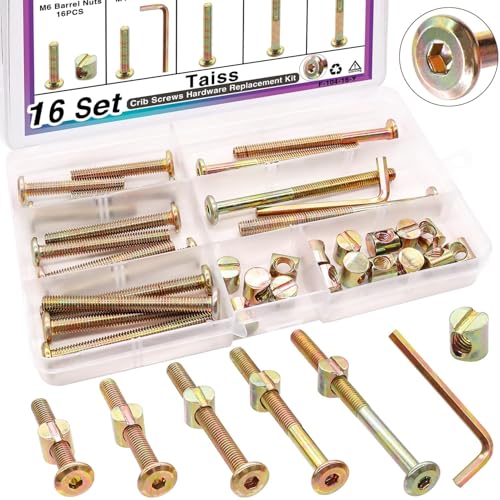 Taiss 16 Set Crib Screws and bolts,M6 furniture screws 40/50/60/70/80mm,Hex Socket m6 screws and barrel nuts/wrenches,m6 bolts and nuts Furniture Crib bed bolts Replacement Kit