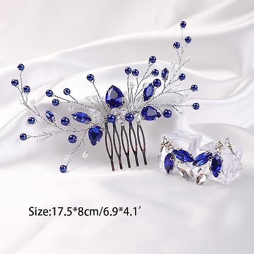 Chargances Bridal Sapphire Crystal Blue Dangle Earring and Hair Comb Set Silver Wedding Hair Accessory Hair Comb Piece Gift for Her Party Headpiece for Bride Bridesmaid Girls - Image 3