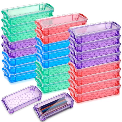 Image of Gueevin 24 Pcs Large Capacity Plastic Pencil Box Clear Plastic Pencil Case Crayon Box with Snap Tight Lid Watercolor Pen Storage Brush Organizer Drawing Tools Container (Dark)