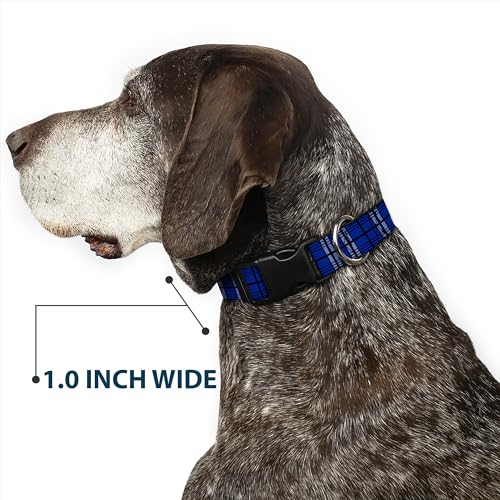 Collier grand chien réglable sangle large 3.8 cm imprimé plaid bleu gris noir clip