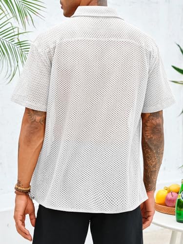 Runcati Mens Button Down Shirt Knit Crochet Hollow Out Short Sleeve Sweater Casual Summer Tops3