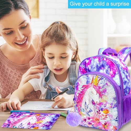 Image of CCJPX 3PCS Girls Backpack, 16 inch Kids Unicorn Sequin Bookbag and Lunch Box for Kindergarten Elementary