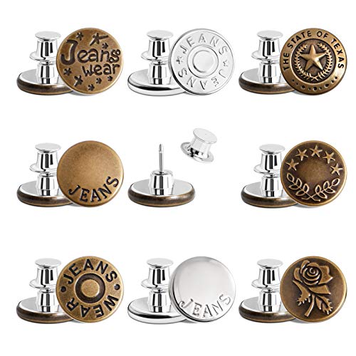 [Upgraded] 8 Sets Button Pins for Jeans, Perfect Fit Jean Button Replacement, 8 Styles Adjustable Jean Button Pins Metal Clips Snap Tack, No Sew Instant Extend or Reduce Any Pants Waist