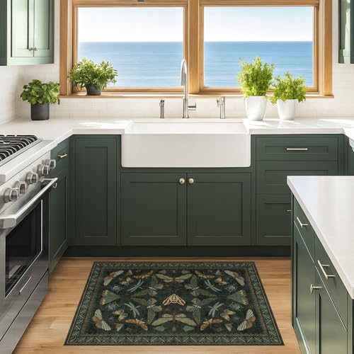 Image of Hazo Haus 2x3 Entry Way Rugs Indoor - Dark Green Small Throw Rug for Kitchen, Bathroom, Insect Boho Design, Washable Non Slip Stain Resistant