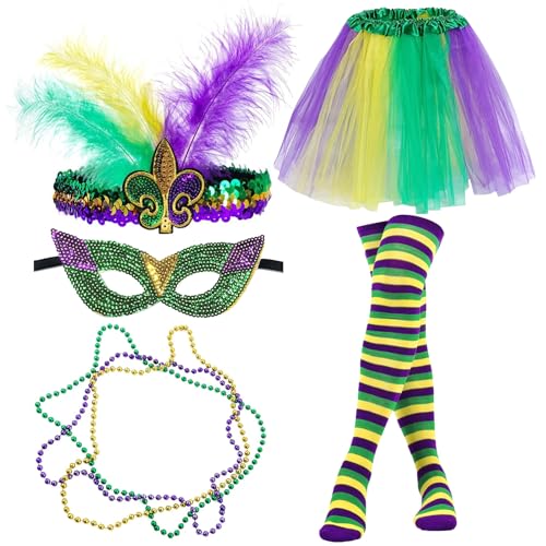 JSTHHTT 5 Pièces Costume de Carnaval Femme, Avec Tutu Fluo, Bandeau Plumes, Masque, Collier, Chaussettes, Deguisement Annee 80 Femme pour Rave Parties et...
