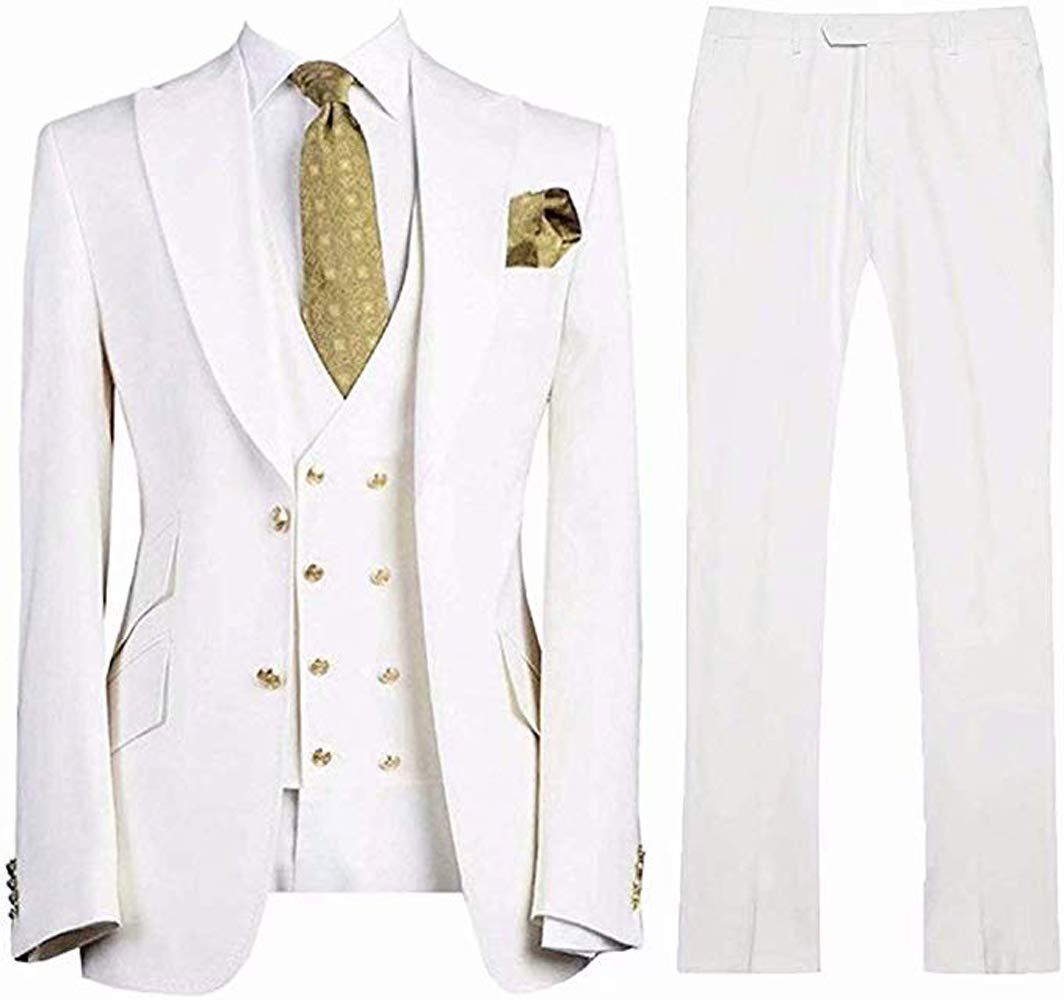 Leader of the Beauty Men's 3 Pieces Peak Lapel Business Suit Slim Fit Wedding Suits for Men Groom Tuxedos 42chest/36waist White