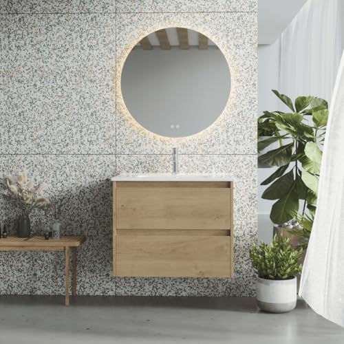 Mueble de Baño Suspendido Fondo Reducido con Lavabo Cerámico| Mueble Volado 2 Cajones | 70 cm Roble Natural
