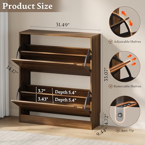 Image of BORNOON Shoe Cabinet with 2 Flip Drawers, Slim Narrow Shoe Storage Cabinet, Freestanding Shoe Organizer with Adjustable & Removable Shelves, Top Display Shelf for Entryway, Hallway, Foyer, Closet