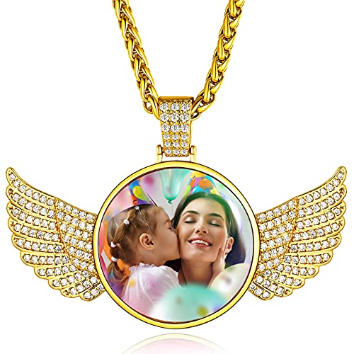 Custom4U Picture Necklace Personalized Photo for Men Women Steel/18K Gold Plated/Black Custom Angel Wings/Heart Pendant Necklace with Picture Memory Circle Chain 18-30 Inch,Hip Hop Jewelry+G