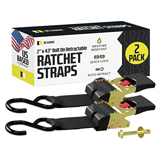 2 Auto Retract NO-RATCHETING Bolt-Down Ratchet Straps | 2" x 43" Retractable SELF-CONTAINED Compact Bolt-on Cargo Strap Tiedowns for Motorcycles, Bikes, ATVs in Trailers, Garages, Trucks, Pickups