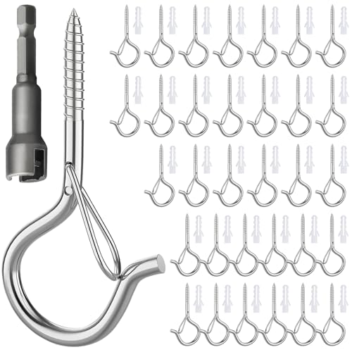 Gucass 30 Pcs Crochet à Visser en Acier Inoxydable Argenté, Piton à Visser avec Boucle de Sécurité, Crochets Muraux à Visser, Pour Suspendre des Paniers...