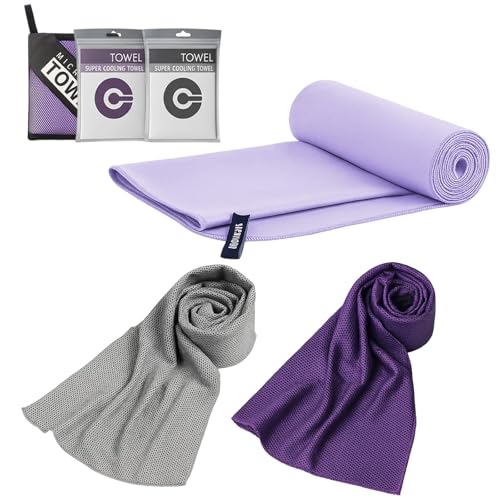 RagQbuK 3 Pcs Gym Towel, Microfibre Towel, Quick Dry for Gym, Yoga, Travel, Beach, High Absorbency, Lightweight, Portable, Includes 40x50cm Lavender, 30x80cm Grey and Purple Towels