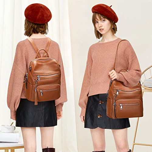 ALTOSY Genuine Leather Backpack Purse for Women Large Shoulder Bag With Laptop Compartment Multiple Pockets(S106 Brown)
