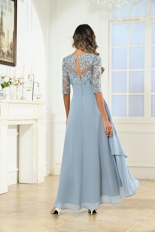 Lace Applique Chiffon Mother of The Bride Dresses - A Line Chiffon Evening Gown Half Sleeve2