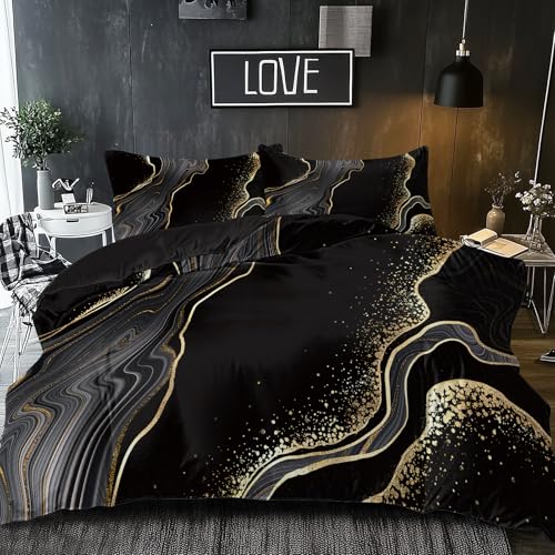 BlessLiving Black Gold Grey Marble Bedding Watercolor Marble Duvet Cover Set Abstract Chic Printed Design Quilt Cover Single 1 Duvet Cover 2 Pillowcases