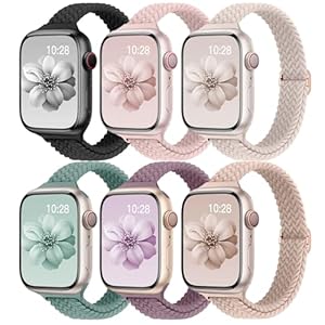 6 Pack Slim Braided Solo Loop Bands for Apple Watch Band 40mm 41mm 38mm 42mm 44mm 45mm 49mm Women Men stretchy Nylon Elastic Thin narrow skinny Strap for iWatch Series 9/8/7/SE/6/5/4/3/2/1/Ultra