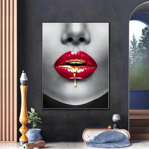 Peinture murale abstraite lèvres rouges en toile dorée pour déco 40x60cm