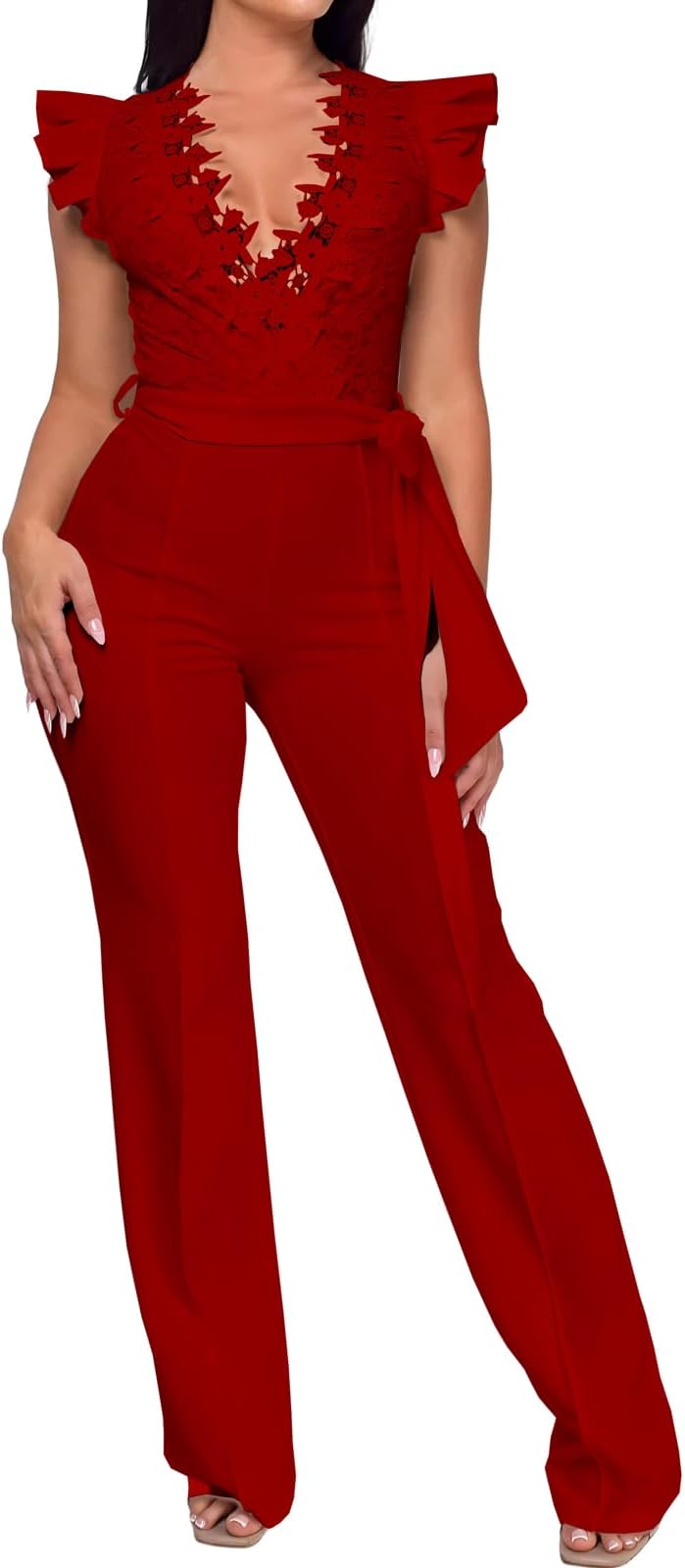 Womens Elegant Plus Size Jumpsuits Sexy Back zipper Short Sleeve Mid Waist Wide Leg Straight Rompers