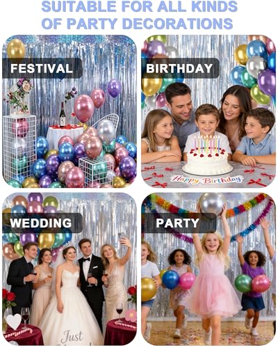 Acual Lametta Vorhang Silber, 2 Stück Party Deko,Glitzervorhang Lametta (1m x 2,5m) mit 50 Luftballons, Glitzer Vorhang für Party Deko Geburtstagsdeko Hochzeit Bühnendekor