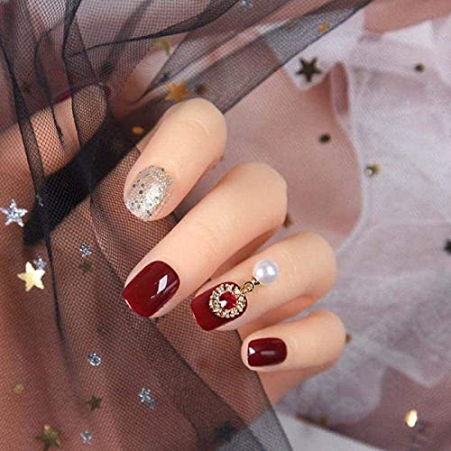 ZeYuKeJi Ongles Art décoration 24pcs Rouge Brillant Argent Courte Rond Fausse ongle Strass DIY Faux Ongles très Belle Cover