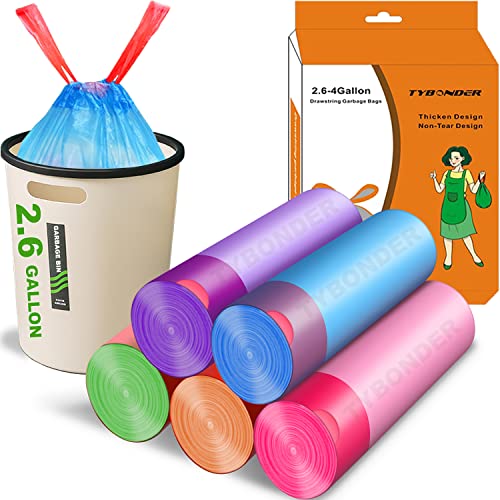 Small Trash Bags 2.6-4 Gallon Thicken Drawstring Trash Bags 4 Gallon Extra Strong Small Garbage Bags Unscented Wastebasket Liners Bags for Kitchen,Bathroom,Office,Home Trash Can 5 Color