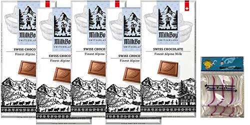 Milkboy Swiss Chocolate Bars - Premium Swiss Alpine Milk Chocolate Bars 3.5oz (Pack of 5) Bundle with PrimeTime Direct 20ct Dental Flossers in a PTD Sealed Bag