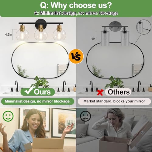Image of Indoi 3-Light Bathroom Light Fixtures, Black and Gold Bathroom Lights Over Mirror with Clear Glass Globe Shade, Vanity Lights for Bathroom Kitchen Living Room Hallway Cabinet Bedroom Porch