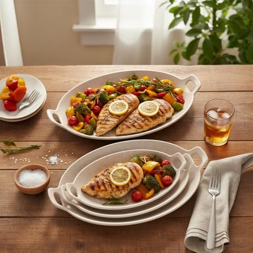 Image of Serving Platter | Melamine Snack Platter | Multi-Purpose Kitchen Serving Platter | Versatile Chip and Dip Tray for Snacks, Starters & Desserts | Lightweight & Dishwasher Safe | Set of 3 (CREAM)