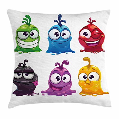 Lunarable Funny Throw Pillow Cushion Cover, Cartoon Creatures Liquid Character Big Mouth Eyes Fluid Jelly Monster Room, Decorative Square Accent Pillow Case, 36