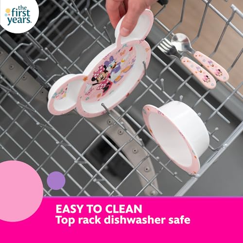 Image of The First Years Disney Minnie Mouse Kids Dinnerware Set - Includes Toddler Plate, Bowl, Fork, and Spoon - Baby Led Weaning Supplies - 4 Count- Ages 9 Months and Up, Small (Pack of 12)