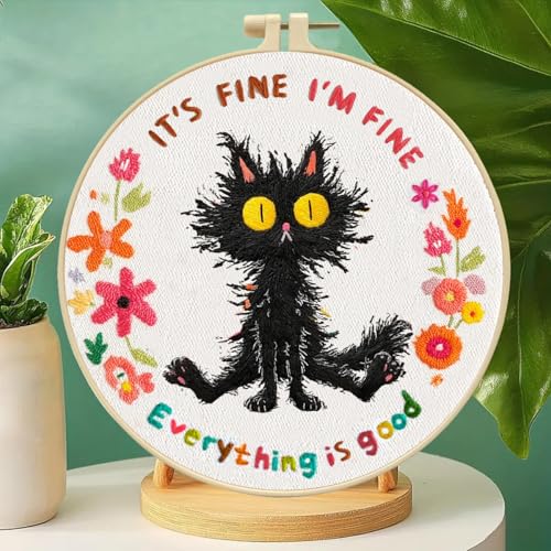 Zhenqing Black Cat Embroidery Kit with Quotes