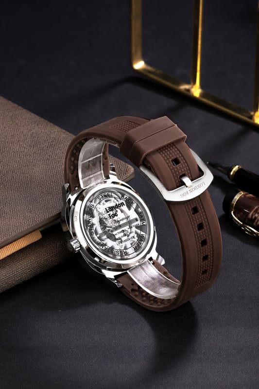 Image of London Fog Strand Collection Skeleton Style Quartz Watch for Men with Cushion Shaped Case, Date Display, Luminous Hands & Baton Hour Markers and Perforated Silicone Strap - LFM10026