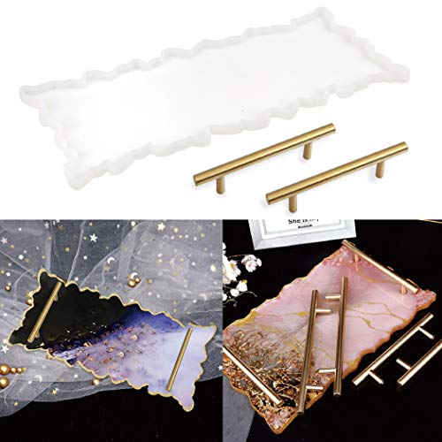 Resin Tray Molds Agate Platter Silicone Molds Epoxy Resin Casting Molds with Gold Handles for Resin Agate Tray Serving Board Crafts DIY Home Decor