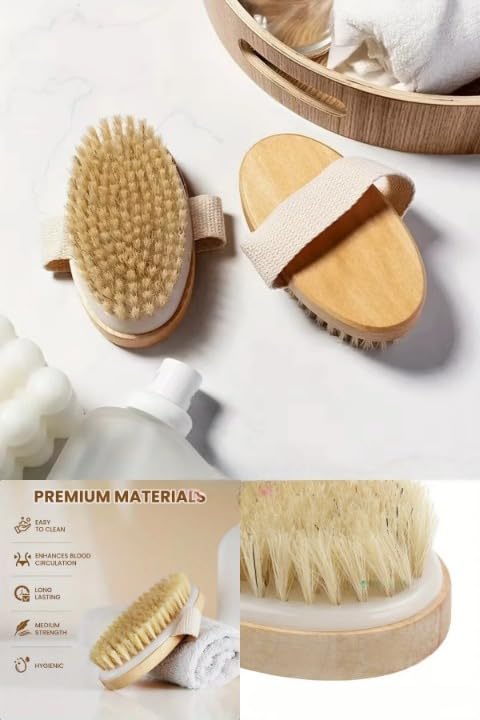 Image of KIMEE Premium Natural Bristle Dry Body Brush for Exfoliation, Lymphatic Drainage & Smooth Skin - Wooden Handle with Hand Strap, Spa-Quality Cellulite & Dead Skin Remover for Shower & Dry Brushing Routine