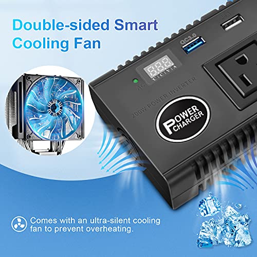 200W Car Power Inverter, Dc 12V To 110V Ac Converter With 2 Ac Outlets, 4 Usb Charging Ports Quick Charge 3.0, 1 Cigarette Lighter Socket, Smart Led Display Screen For Phones Tablets Laptops #TOP4