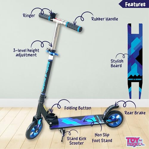 Image of ToyMagic SwiftGlider 2 Wheeler Scooter|Non Electronic Smart Kick Scooter|Rear Brake Foldable Toy|Height Adjustable Handle|Weight Capacity Till 50kg|Birthday Gift for 3+ Kid |Made in India, Multicolor