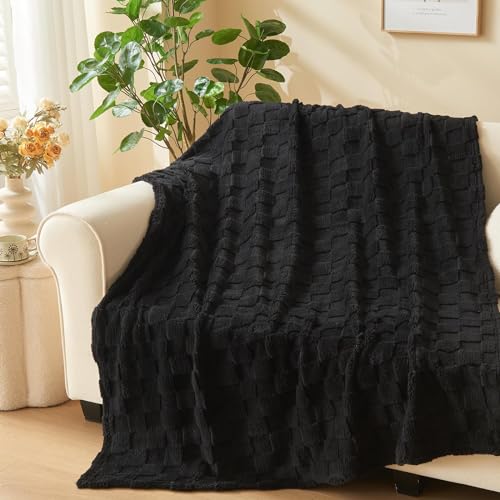 NEWCOSPLAY Super Soft Twin Blanket Black Premium Silky Flannel Fleece 3D Checkered Lightweight Bed Blanket All Season Use (Black Checkered, Twin(60"x80"))