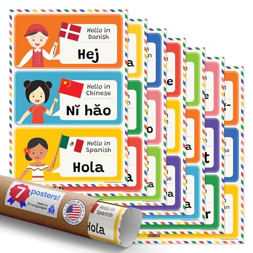 Quarterhouse 7 Poster Hello in 21 Languages Set, Foreign Language Classroom Learning Materials for Pre-K and K-12 Students and Teachers, 12 x 18 Inches, Made in USA