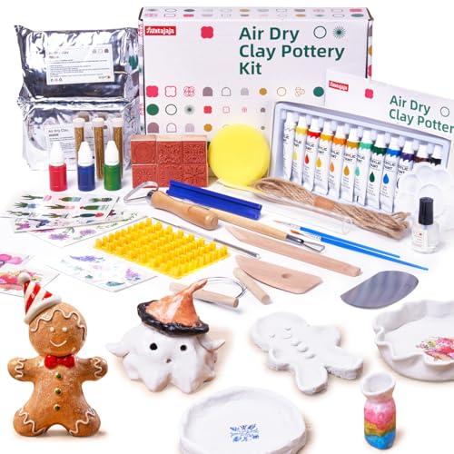 Fiestajaja Air Dry Clay Kit for Adults Pottery Kit for Beginners 48 PCS Clay Kit with Acrylic Paints Stamps Sculpting Tools & Step-by-Step Guide - Crafts for Birthdays Xmas Gift & Decor