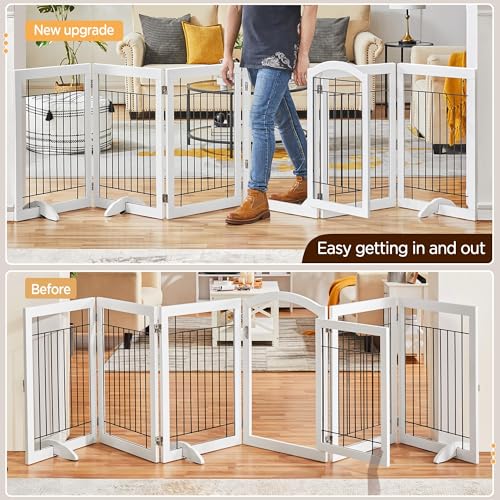 Image of Yaheetech 32-inch Tall Dog Gate with Door Extra Wide Pet Gate for Dogs, Foldable Wire & Wooden Puppy Safety Fence w /3 Support Feet,Freestanding Dog Gate for The House, Doorway, Stairs(White,6 Panels) | Sturdy Construction, Durable Support Feet, Tool-Free Setup, Fold Flat Barrier Ideal for Small /Medium Dogs, White