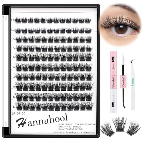 Hannahool 10Rows Mixed 10-12-14-16mm /8-10-12-14mm Individual False Eyelashes D Curl Wide Stem Makeup Cluster Eyelashes Natural Volume Eye Lashes Extensions (HD-lashes kit-8-10-12-14mm mixed)
