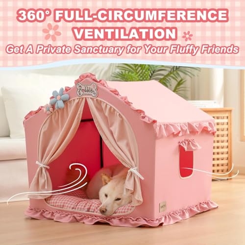 Jiupety Indoor Dog House with Frame, Cute Dog Tent Bed with Cover Cave, Breathable, Washable, and Foldable House, Suitable for 20-40 Lb, Large (25"×25"×25"), Pink - Image 3