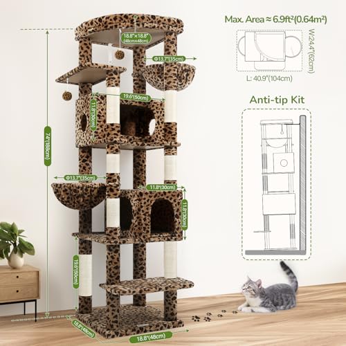 Image of Globlazer Heavy Duty Cat Tree, 74inch Sturdy Cat Tower for Large Cats Adult, Big Cat Tree with 7 Sisal Scratching Posts, 2 Padded Cat Condos, 2 Hanging Baskets, Enlarged Top Perch, S74, Leopard Print