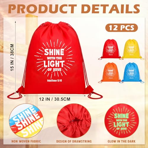 Image of 12 Pcs Shine with The Light of Jesus Drawstring Backpacks Bulk
