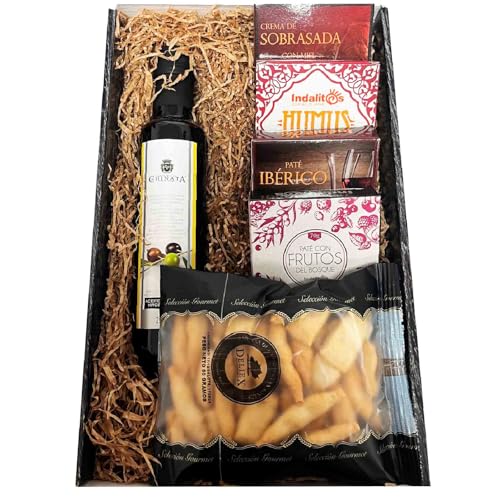 Deliex Cesta regalo con aceite o vino, patés y picos gourmet, elige la caja para regalar que más te guste con o sin alcohol, un regalo original para cualquier cumplido. (Caja con aceite)