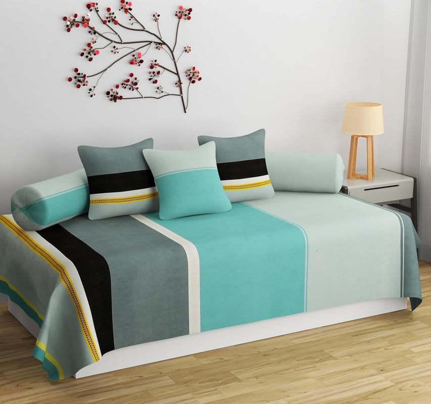 Image of NHD HOME diwan Set for Living Room, Diwan Set Glace Cotton, diwan Set 8 Pieces (1 Single Bedsheet, 5 Cushion Covers, 2 Bolster Covers) (Color-Light Blue) Abstract