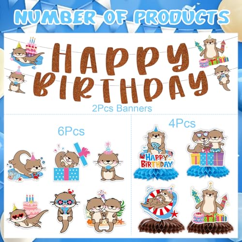 Image of Otter Birthday Party Decorations - 12PCS Sea Otter Party Decorations Happy Birthday Banners Hanging Swirls Honeycomb Centerpieces Under the Sea Ocean Animal Themed Supplies Decor