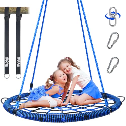 Hapfan 40'' Spider Web Tree Swing, 750 lbs Outdoor Saucer Net Swing with Swivel and 9.8 FT Hanging Straps, Backyard Play Set Accessories (Blue)